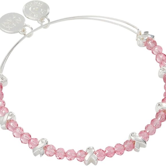 Pink Ribbon Breast Cancer Awareness Bangle Brass Bead Chain 2-3.5 Inch - Picture 1 of 2